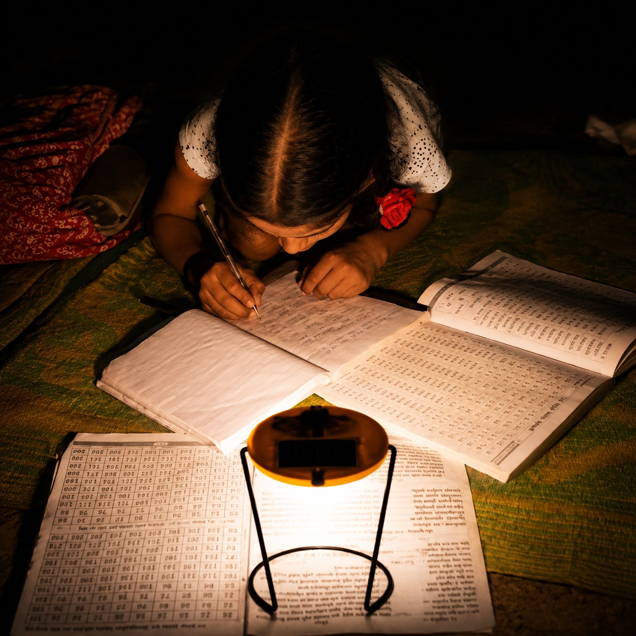 Rural child studying comfortably under bright solar illumination